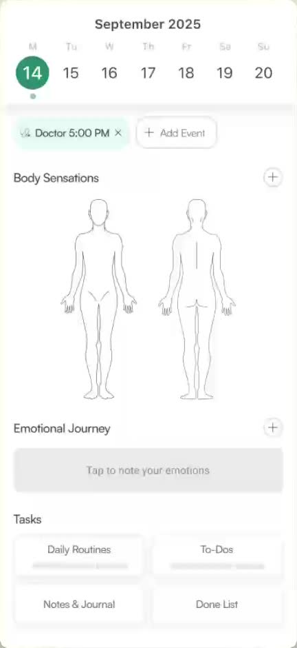 Early Attune landing page with body maps, emotion bar, and daily tools